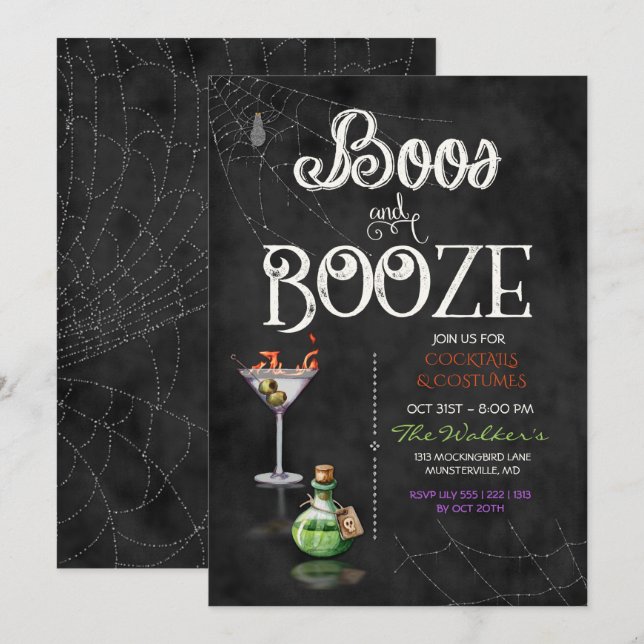 Invitación Chalkboard Boos & Booze Fiesta de cócteles Hallowe (Anverso / Reverso)