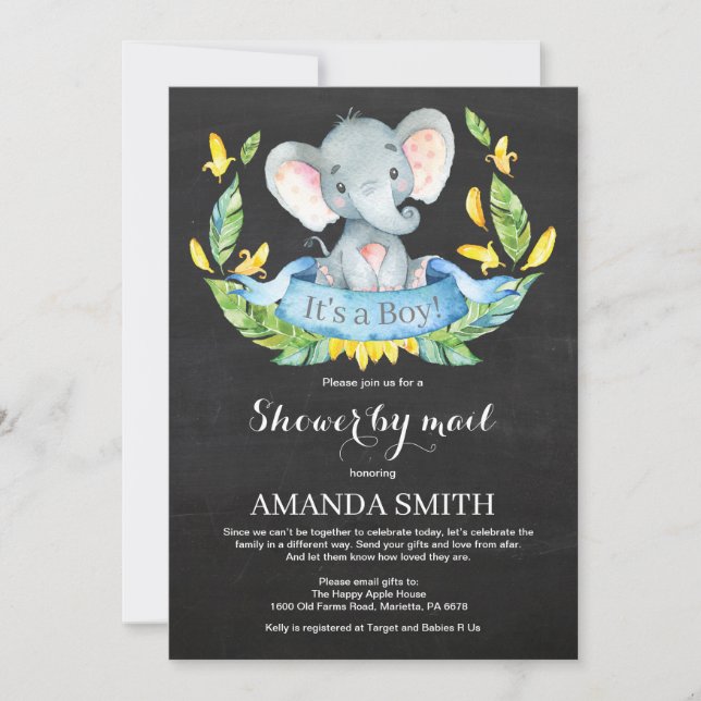 Invitación Chalkboard Boy Elephant Baby Shower por correo (Anverso)