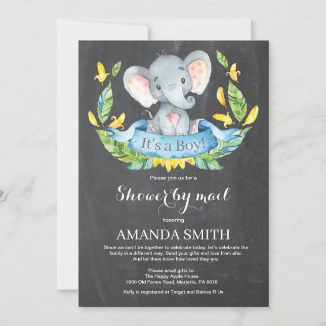 Invitación Chalkboard Boy Elephant Baby Shower por correo (Anverso)