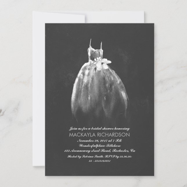 Invitación Chalkboard Bridal Shower Elegant Wedding Gown (Anverso)