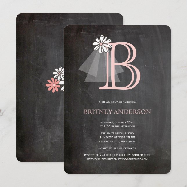 Invitación Chalkboard Bride's Veil Monogram Shower (Anverso / Reverso)