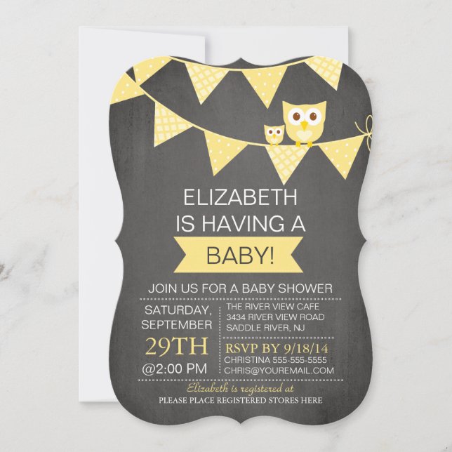 Invitación Chalkboard Bunting Owl Género Neutral Baby Shower (Anverso)