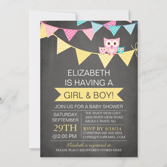 Invitación Chalkboard Bunting Owl TWINS CHICA BOY Baby Shower (Anverso)