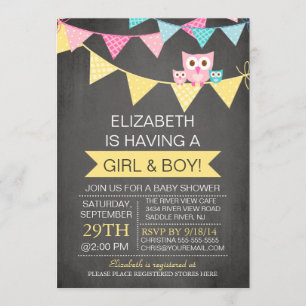 Invitación Chalkboard Bunting Owl TWINS CHICA BOY Baby Shower