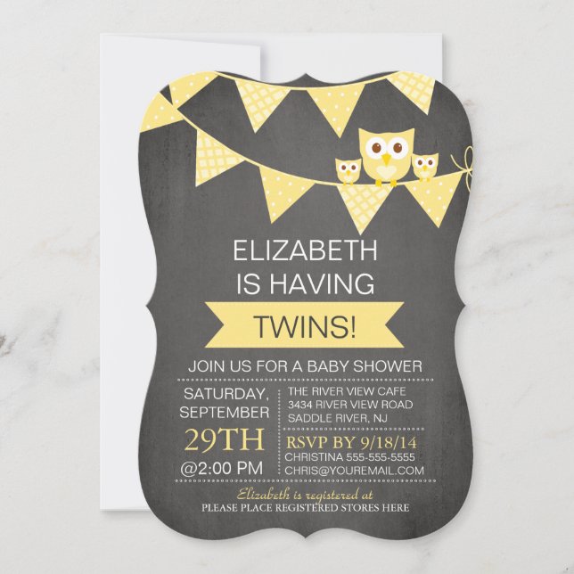 Invitación Chalkboard Bunting Owl TWINS NEUTRAL Baby Shower (Anverso)