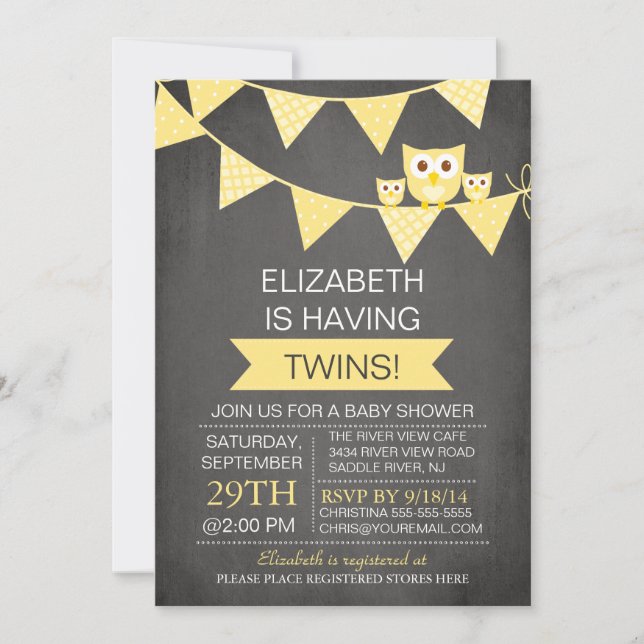Invitación Chalkboard Bunting Owl TWINS NEUTRAL Baby Shower (Anverso)