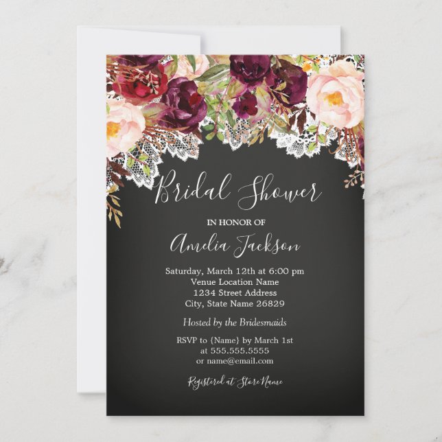 Invitación Chalkboard Burgundy Floral Lace Bridal Shower (Anverso)
