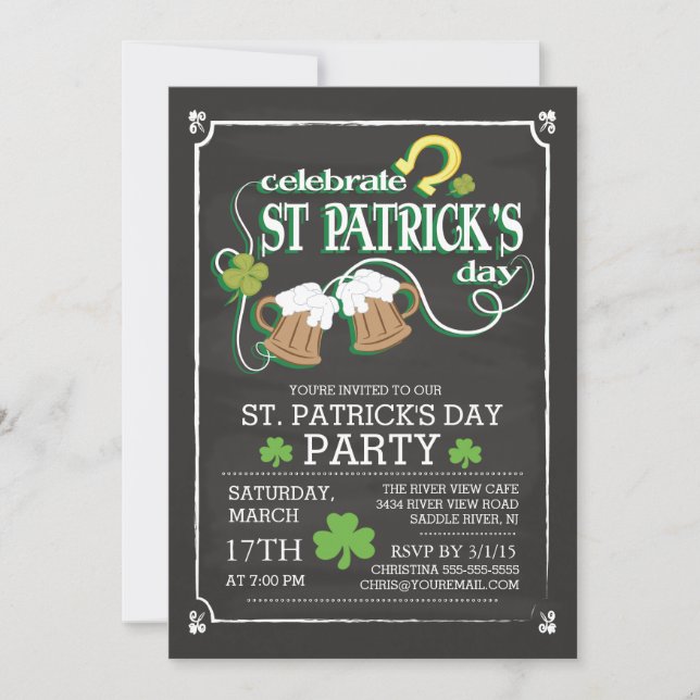 Invitación Chalkboard celebra Fiesta de cena del Día de San P (Anverso)