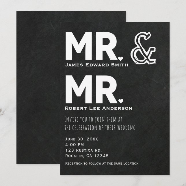Invitación Chalkboard Chalk Sr. y el compromiso del Sr. Gay B (Anverso / Reverso)
