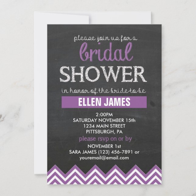 Invitación Chalkboard Chevron Bridal Shower Purple (Anverso)