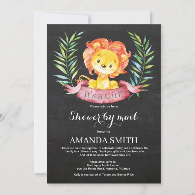 Invitación Chalkboard Chica Lion Baby Shower por correo (Anverso)
