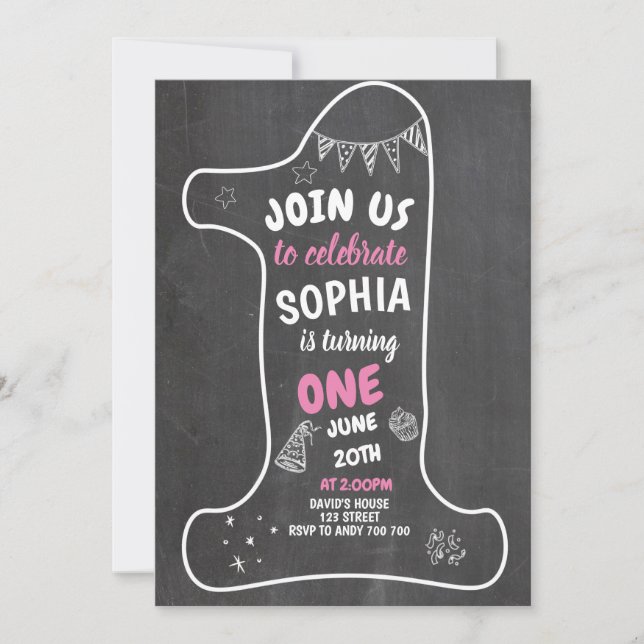 Invitación Chalkboard Chica Primer Chalk de cumpleaños número (Anverso)