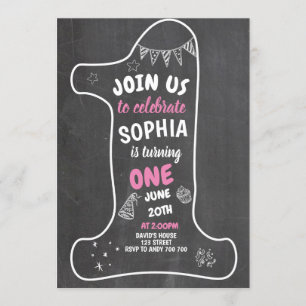 Invitación Chalkboard Chica Primer Chalk de cumpleaños número