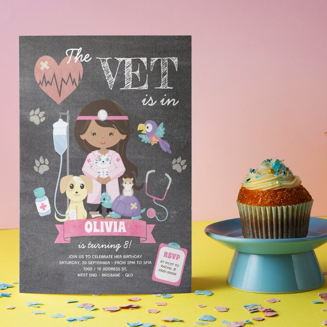 Invitación Chalkboard Chica Vet Birthday Party (This girl’s vet birthday invitation is just the right medicine to your celebration. )