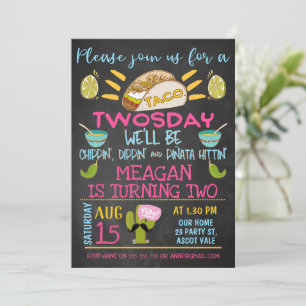 Invitación Chalkboard Chicas Azules Rosa Taco Cumpleaños