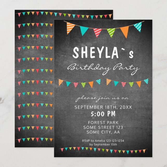 Invitación Chalkboard Colorful Bunting Flags Fiesta de cumple (Anverso / Reverso)