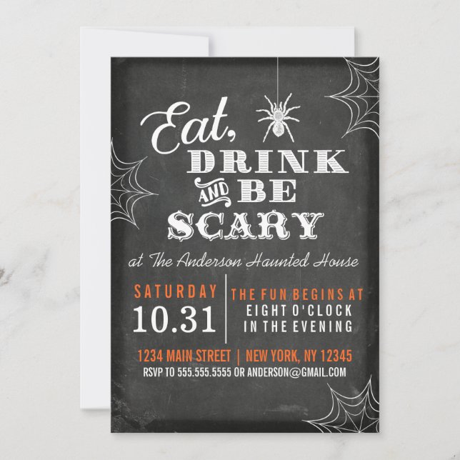 Invitación Chalkboard come y se asusta fiesta de Halloween (Anverso)