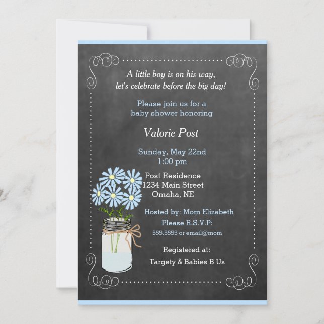 Invitación Chalkboard Country Mason Jar Blue Flowers Baby (Anverso)