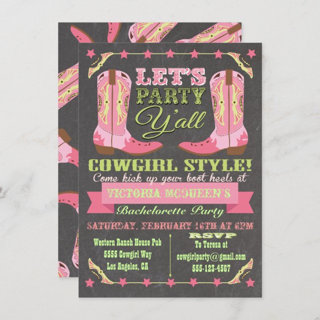 Invitación Chalkboard Cowgirl Western Bachelorette Party (Anverso / Reverso)