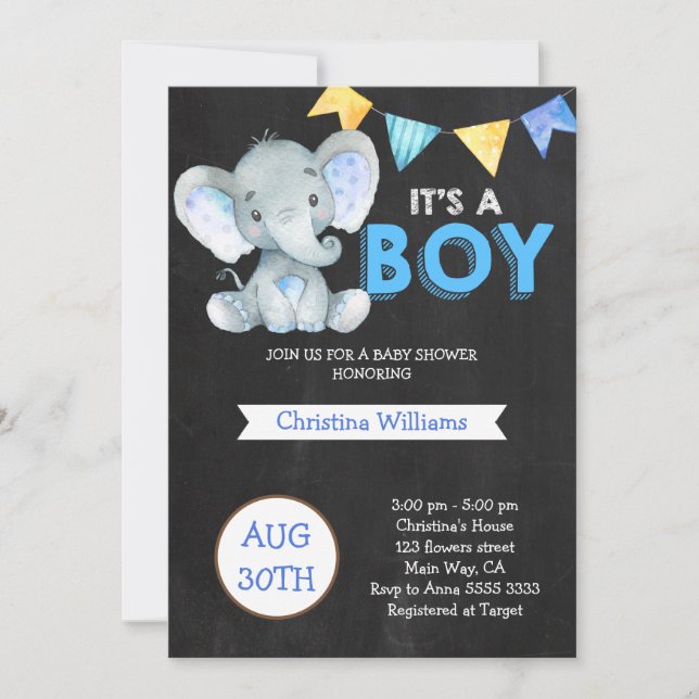 Invitación Chalkboard Cute Elephant Boy Baby Shower (Anverso)