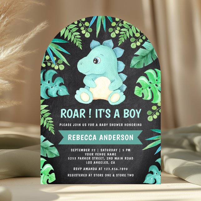 Invitación Chalkboard Cute Teal Dinosaur Arco Baby Shower (Subido por el creador)