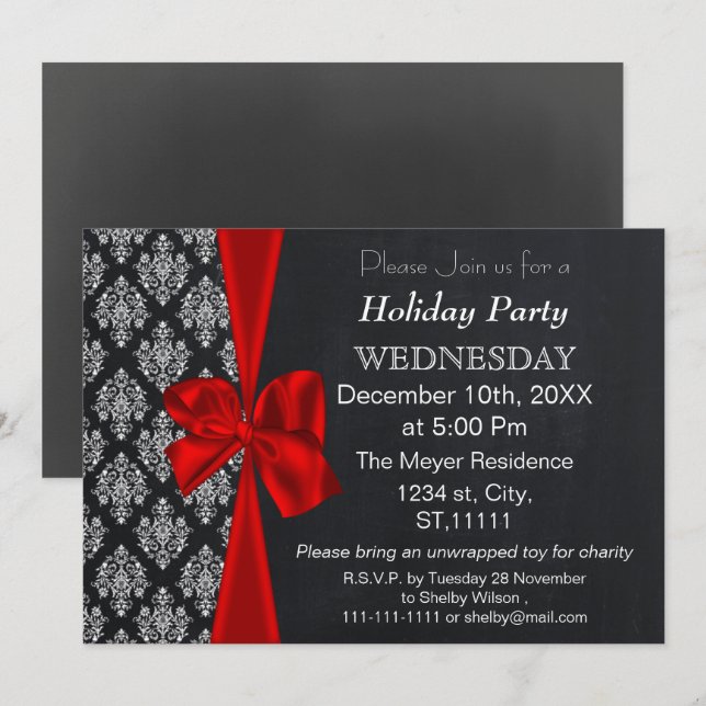 Invitación Chalkboard damask arco rojo fiesta de vacaciones I (Anverso / Reverso)