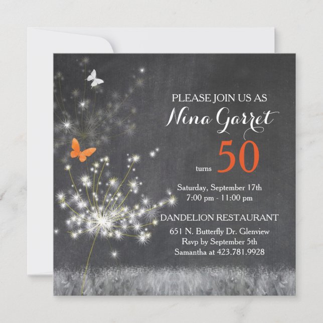 Invitación Chalkboard Dandelion 50th Birthday Party (Anverso)