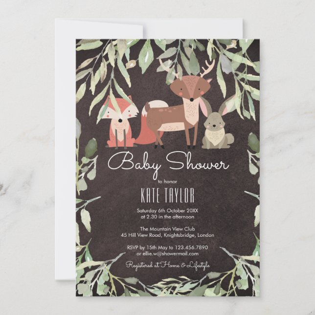Invitación Chalkboard de Animales del Bosque para Baby Shower (Anverso)