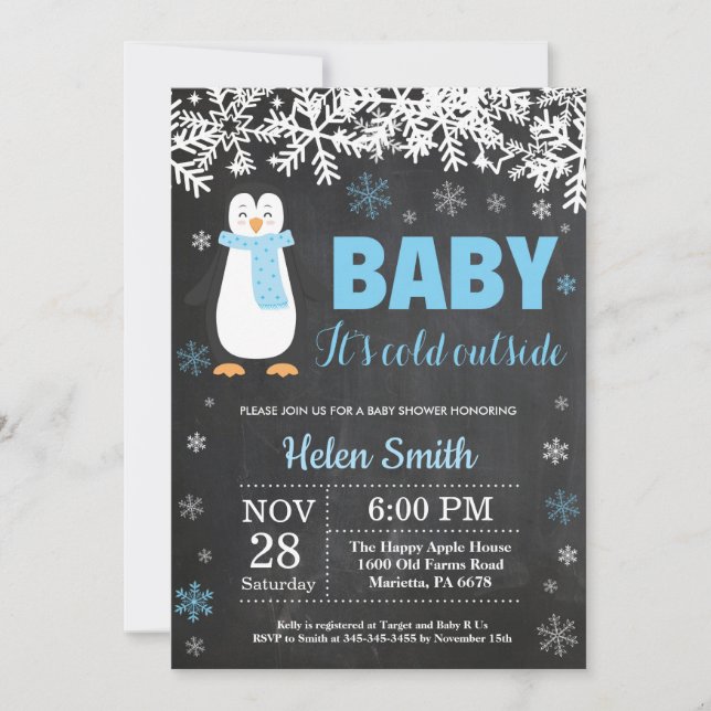 Invitación Chalkboard de Baby Shower, niño de invierno pingüi (Anverso)