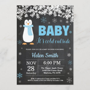 Invitación Chalkboard de Baby Shower, niño de invierno pingüi