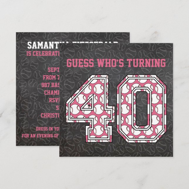 Invitación Chalkboard de béisbol Rosa 40 Fiesta de cumpleaños (Anverso / Reverso)