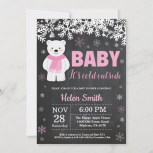 Invitación Chalkboard de Fiesta de Bebé Niña de Oso Polar de 