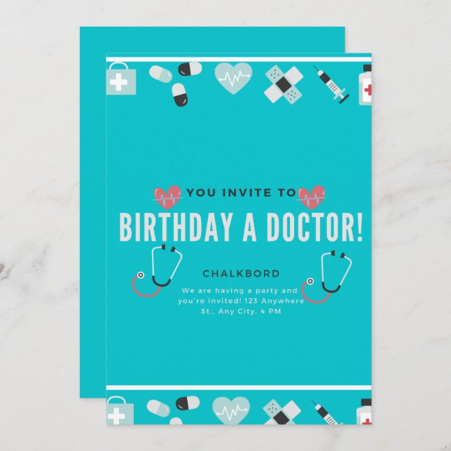 Invitación Chalkboard Doc Está En Médica Cumpleaños (Anverso / Reverso)