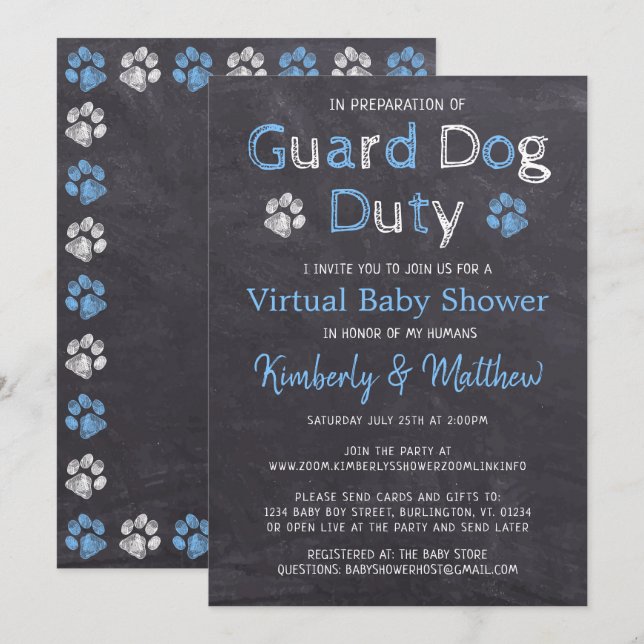 Invitación Chalkboard Dog Blue Boy Virtual Baby Shower (Anverso / Reverso)