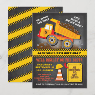 Invitación Chalkboard Dump Truck Construcción Fiesta de cumpl