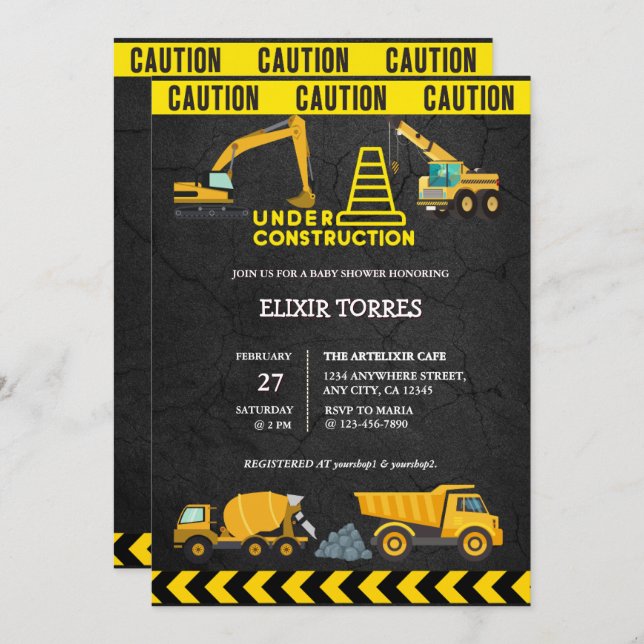 Invitación Chalkboard en construcción Baby Shower (Anverso / Reverso)