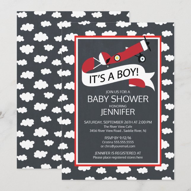 Invitación ¡Chalkboard Es un chico! Baby Shower de Airplane B (Anverso / Reverso)