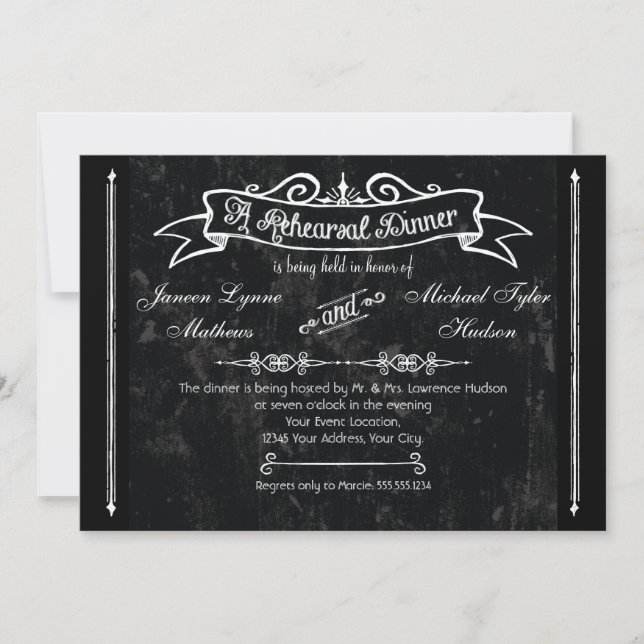 Invitación Chalkboard Estilo Rústico Swirl Ensayo Cena (Anverso)