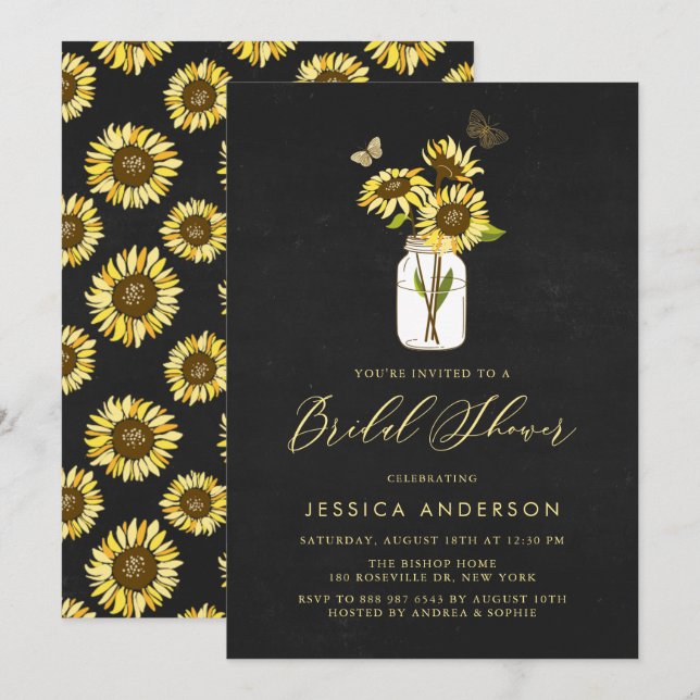 Invitación Chalkboard Faux Yellow Sunflowers Brillante Shower (Anverso / Reverso)