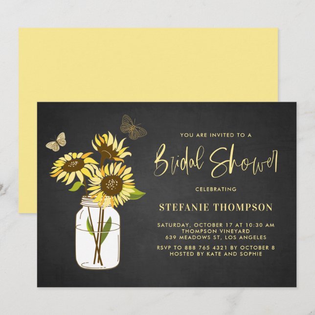 Invitación Chalkboard Faux Yellow Sunflowers Brillante Shower (Anverso / Reverso)