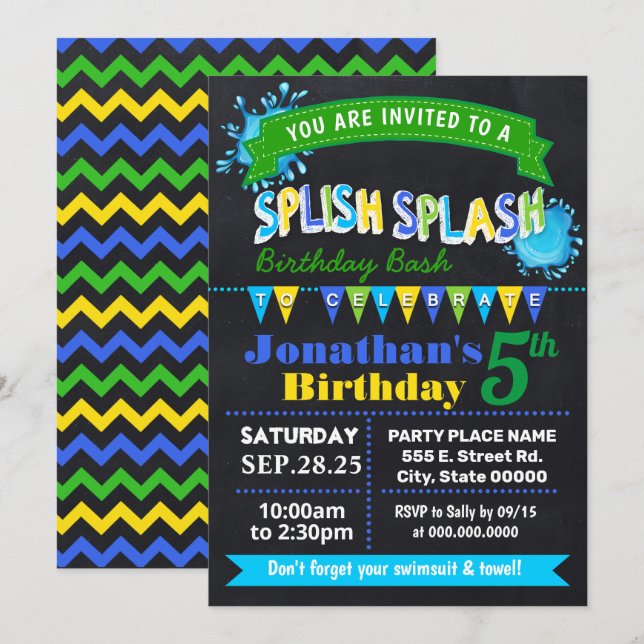 Invitación Chalkboard fiesta azul de bienvenida de cumpleaños (Anverso / Reverso)