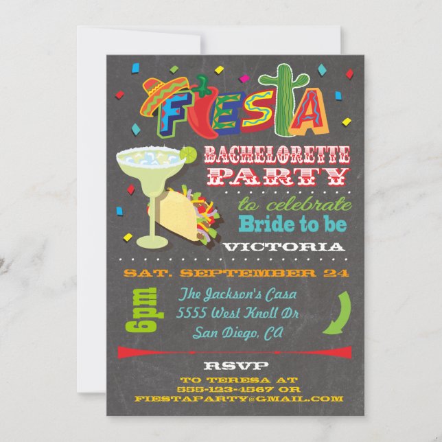 Invitación Chalkboard Fiesta Bachelorette (Anverso)