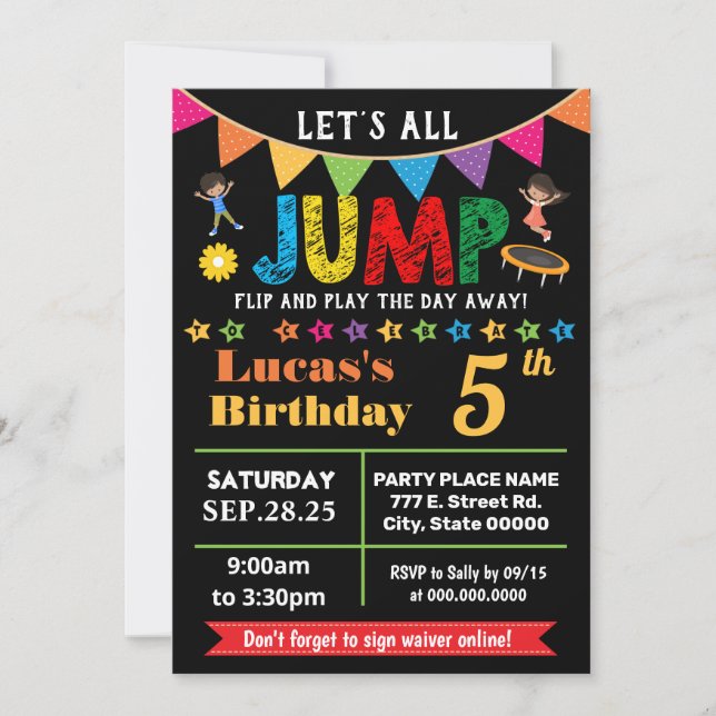Invitación Chalkboard fiesta de trampolín de cumpleaños por t (Anverso)