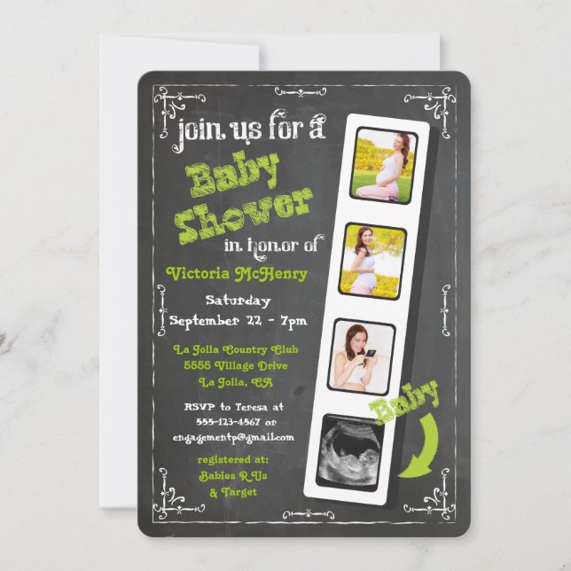 Invitación Chalkboard Film Strip Ultrasonido Baby Shower (Anverso)