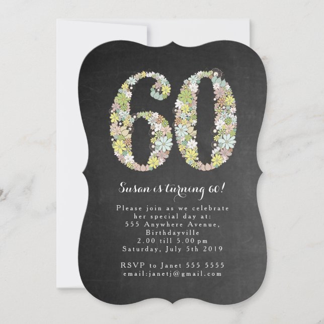 Invitación Chalkboard Floral 60th Birthday Party Invite (Anverso)
