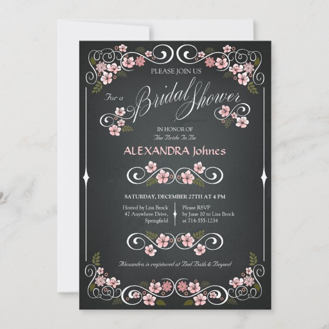 Invitación Chalkboard Floral Bridal Shower Moda Vintage (Anverso)