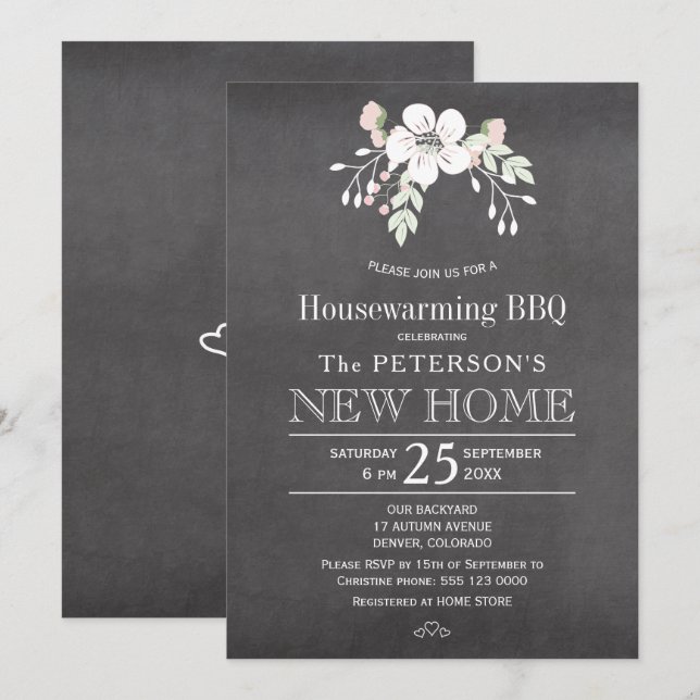 Invitación Chalkboard floral casa rústica bbbq (Anverso / Reverso)