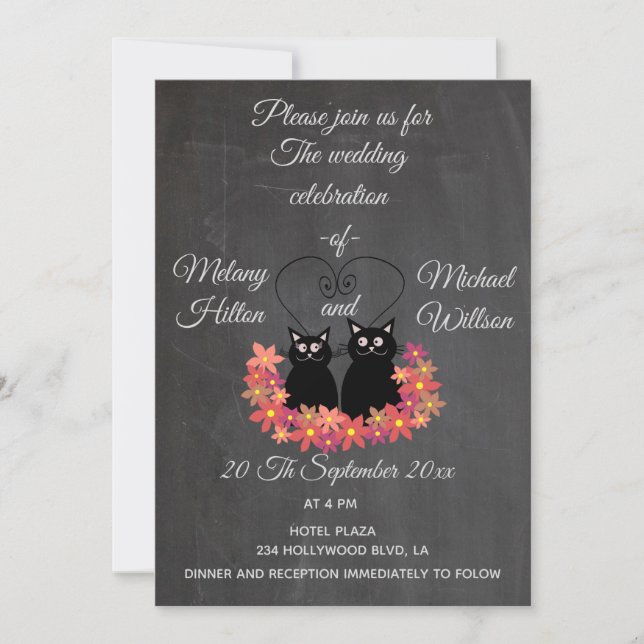 Invitación Chalkboard floral divertido lindo gato pareja boda (Anverso)