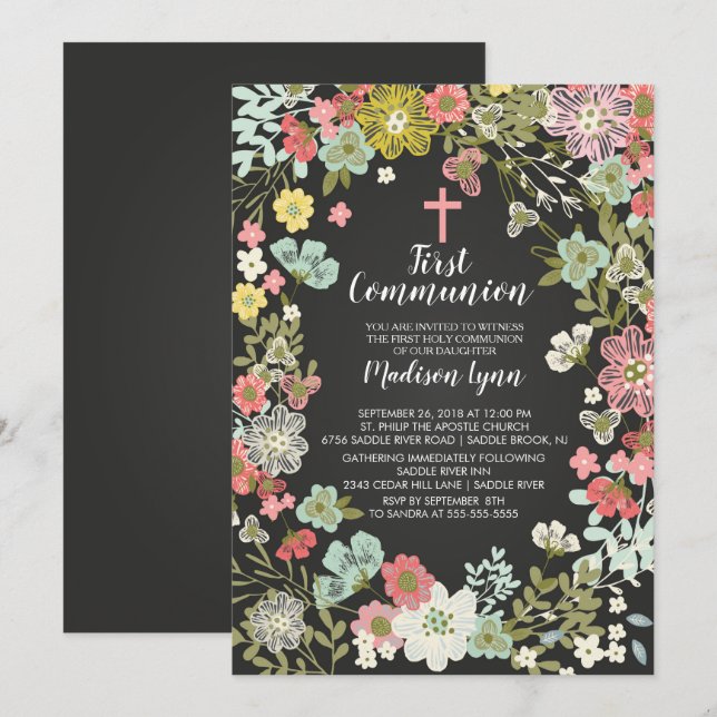 Invitación Chalkboard Floral First Holy Communition Invitació (Anverso / Reverso)