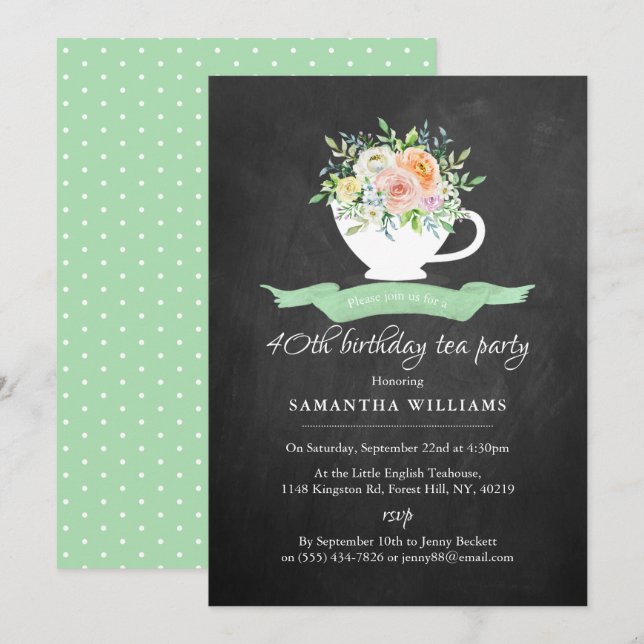 Invitación Chalkboard Floral Teacup Birthday Tea Fiesta (Anverso / Reverso)